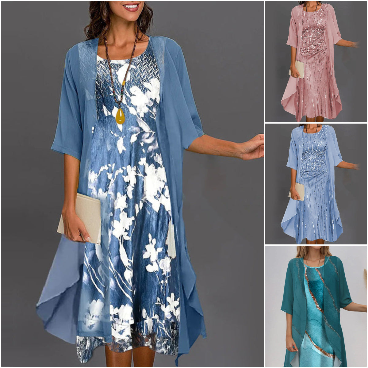 🔥👗Elegáns, kétrészes, virágmintás sifon ruhák