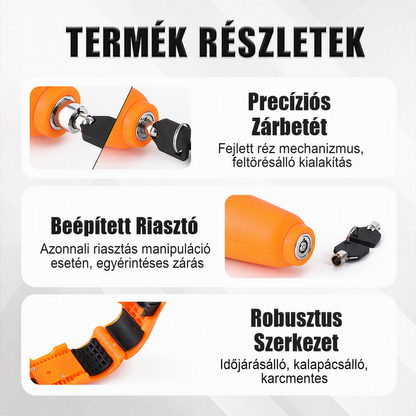 🚲 Egy zár, három zár hatása! Ötvözetből készült gázkar-zár és riasztó egyben