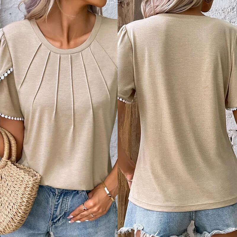 🔥Új női lezser egyszínű csipkés kerek nyakú póló