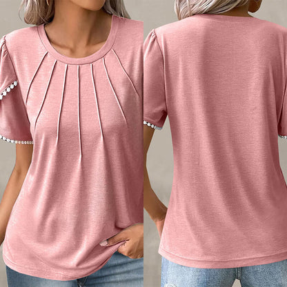 🔥Új női lezser egyszínű csipkés kerek nyakú póló