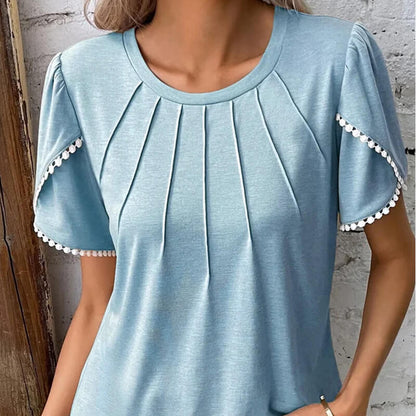 🔥Új női lezser egyszínű csipkés kerek nyakú póló