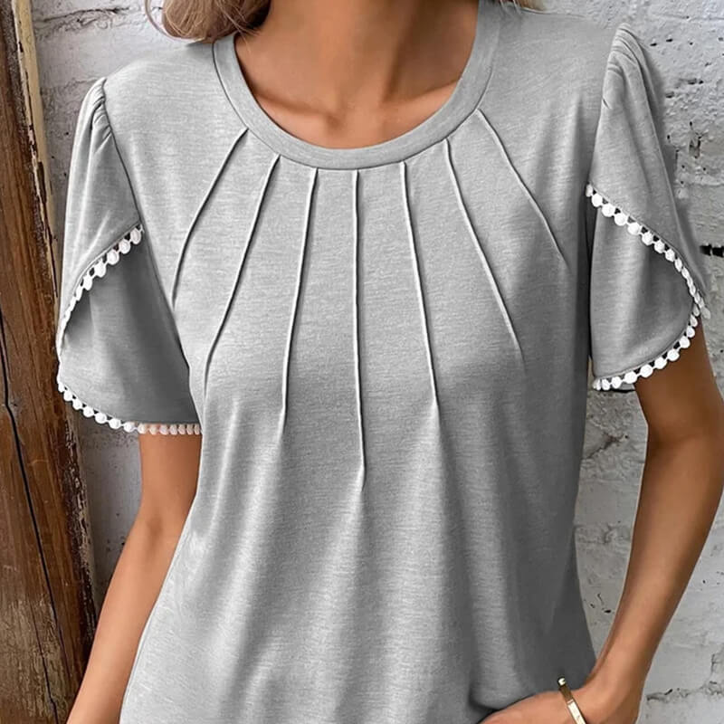 🔥Új női lezser egyszínű csipkés kerek nyakú póló