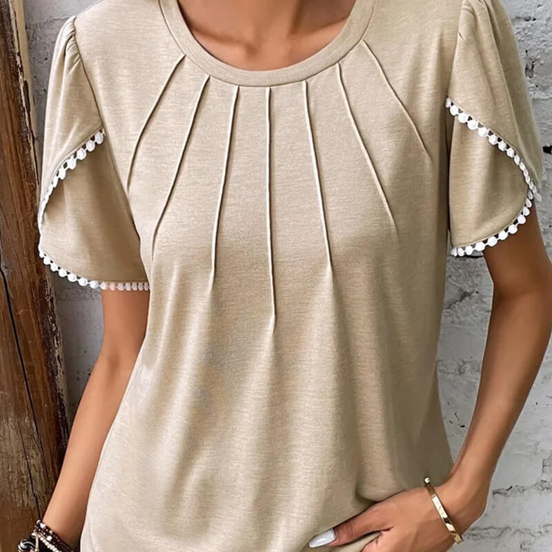 🔥Új női lezser egyszínű csipkés kerek nyakú póló