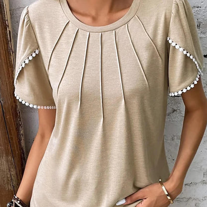 🔥Új női lezser egyszínű csipkés kerek nyakú póló