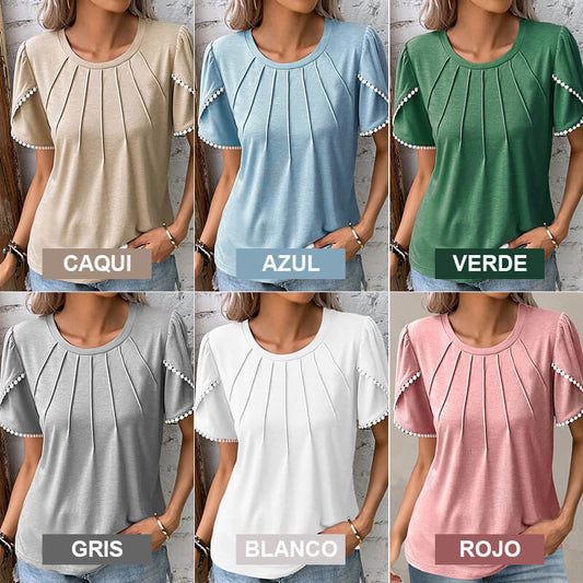 🔥Új női lezser egyszínű csipkés kerek nyakú póló