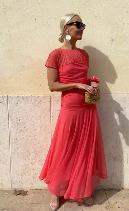 Női lezser sifon ruha kerek nyakkal és varrással