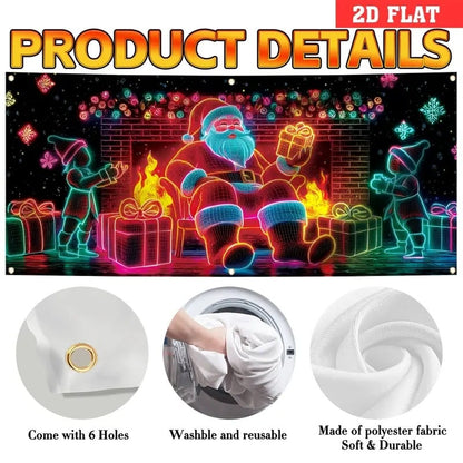 Karácsonyi UV-aktivált garázsajtó banner, sötétben világít, Mikulás és manó rajzfilmfigurákkal, kültéri és beltéri partidekorációval