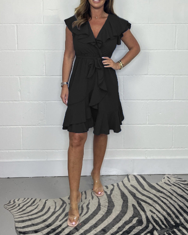 2025 nyári új V-nyakú ruha, egyszínű fodros ruha