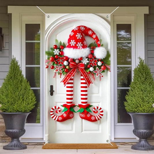 Karácsonyi banner manó lábakkal az ajtón