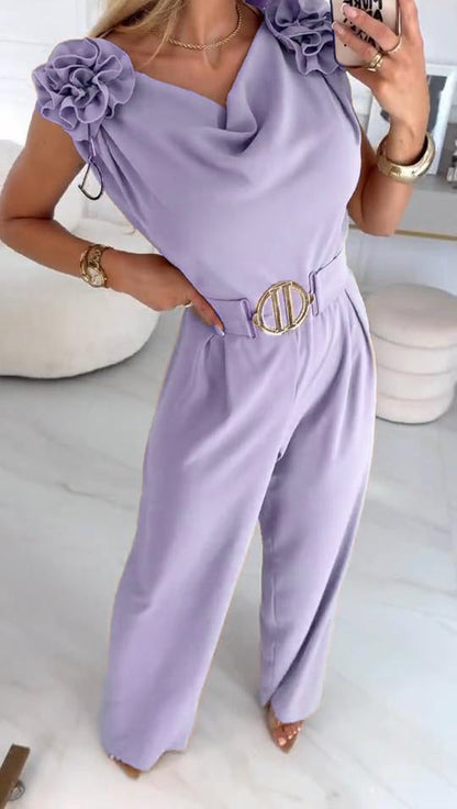 Női nyári ujjatlan overál 3D virágmintával és V-nyakkal