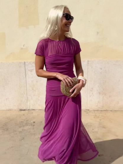 Női lezser sifon ruha kerek nyakkal és varrással