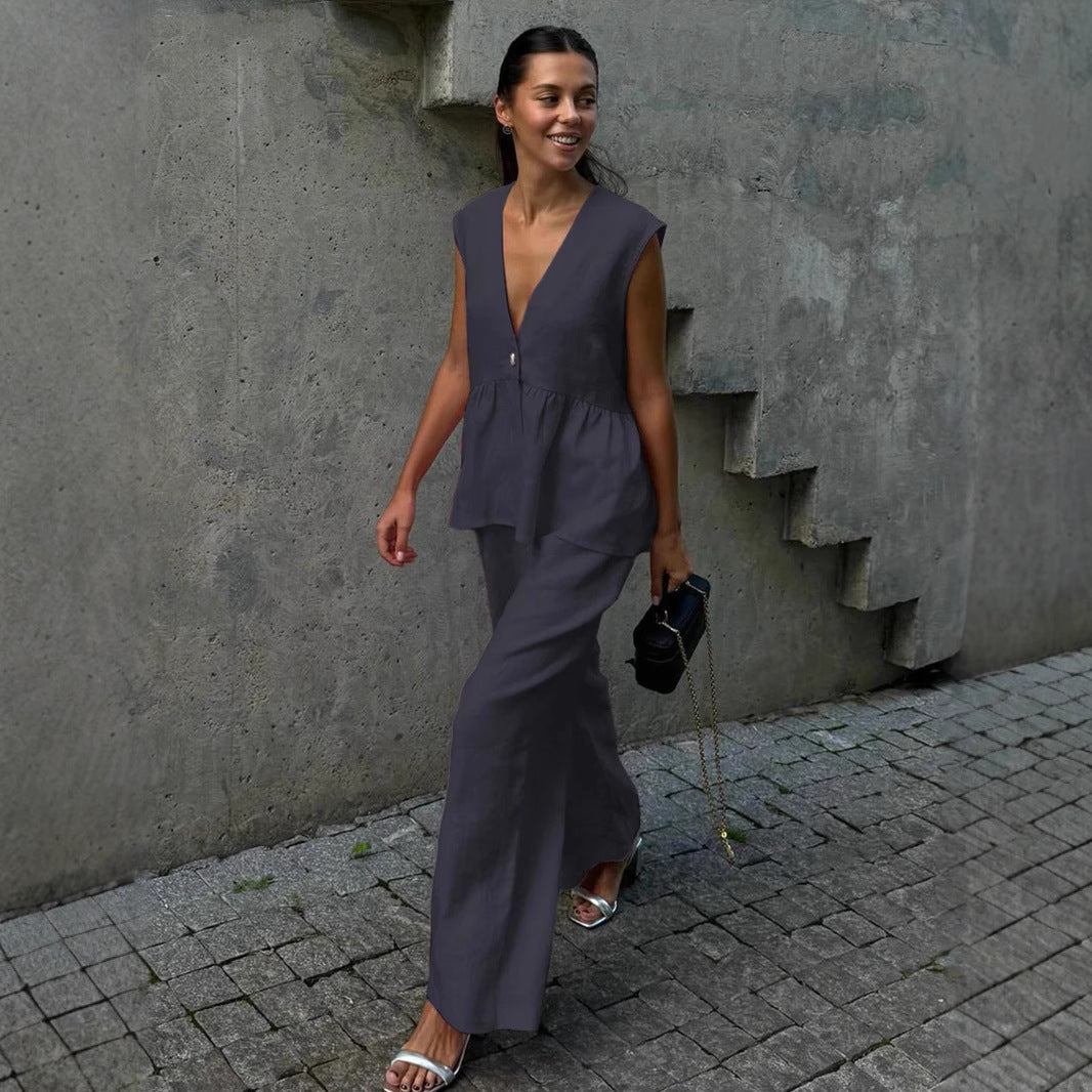 Kétrészes női szett tömör pamutból, V-nyakú, ujjatlan, blúz és nadrág