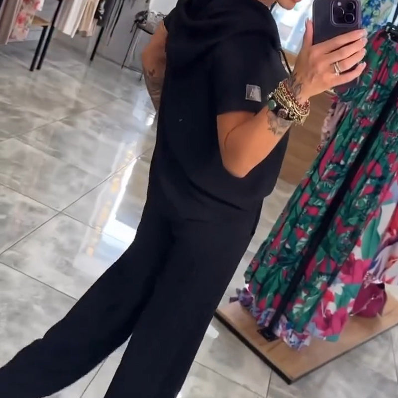 Kapucnis, V-nyakú blúz, rövid ujjú, nadrág, kétrészes szett