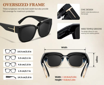 🕶️ Polarizált, illeszkedő női napszemüveg – UV400 védelemmel, virágmintás kerettel, dioptriás szemüveg felett viselhető