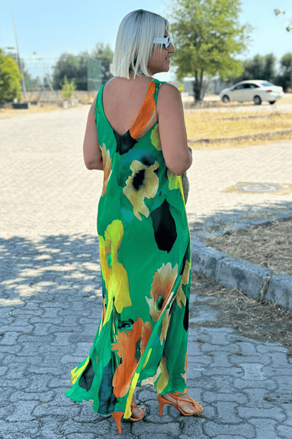 Virágmintás selyem sifon maxi ruha U-nyakkivágással