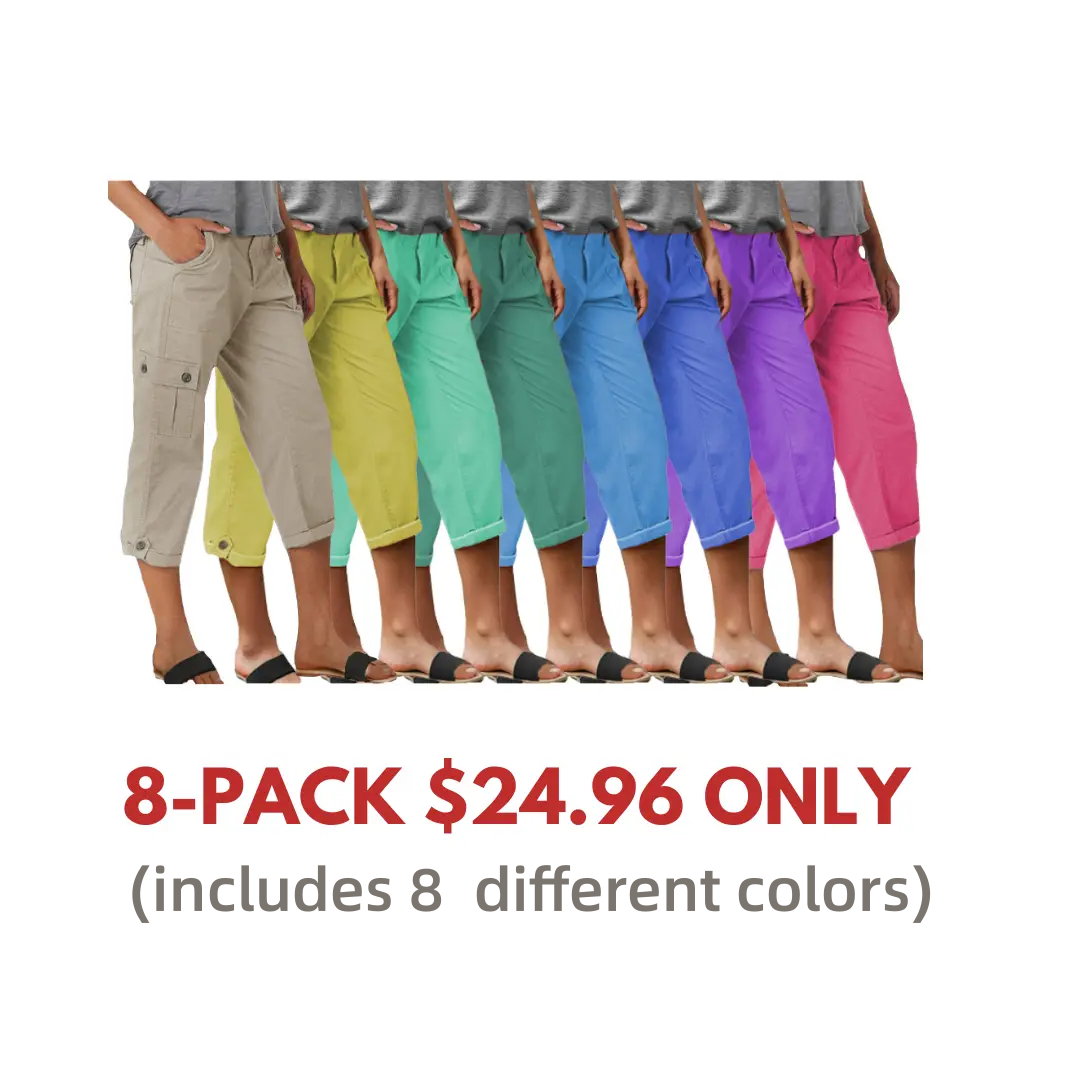 Capri nadrág zsebekkel és középmagas derékkal, alján hajtásokkal és több zsebbel.