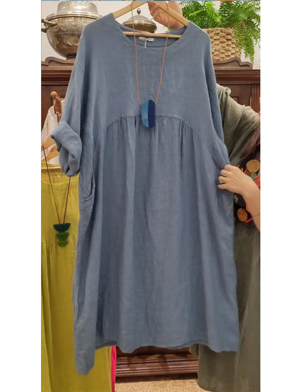 Női pamut és lenvászon zsebes ruha