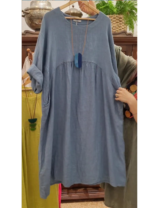 Női pamut és lenvászon zsebes ruha