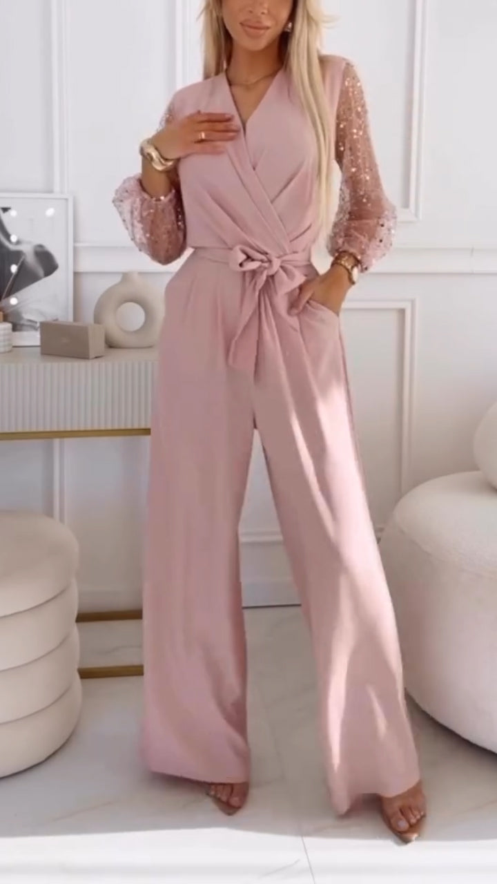 👑Női lezser kosztüm puffos ujjal és V-nyakkivágással, flitterekkel díszítve