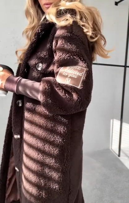 Női kapucnis, gombos, kötött, hosszú ujjú, szőrös meleg kabát