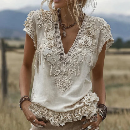 Női rövid ujjú, lenvászon keverék V-nyakú póló rózsa hímzéssel