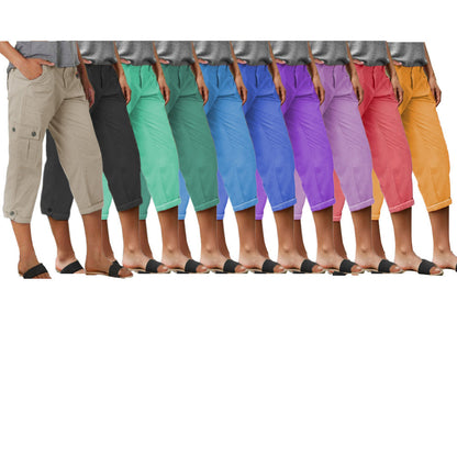 Capri nadrág zsebekkel és középmagas derékkal, alján hajtásokkal és több zsebbel.