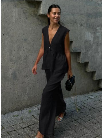 Kétrészes női szett tömör pamutból, V-nyakú, ujjatlan, blúz és nadrág