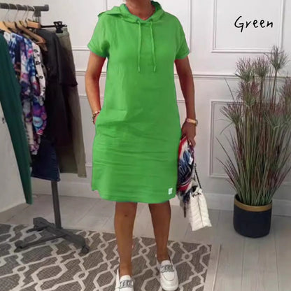 Pamut és len női ruhák zsebekkel és kapucnival