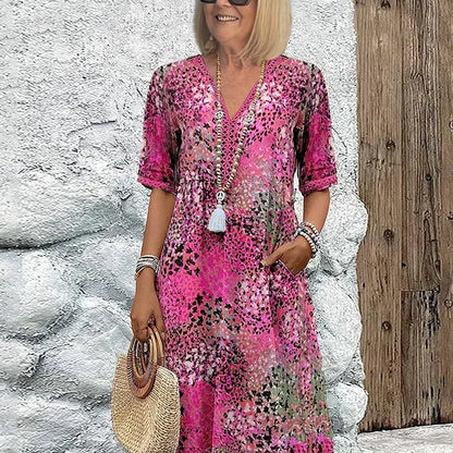 💥Női, V-nyakú, nyomott midi ruha