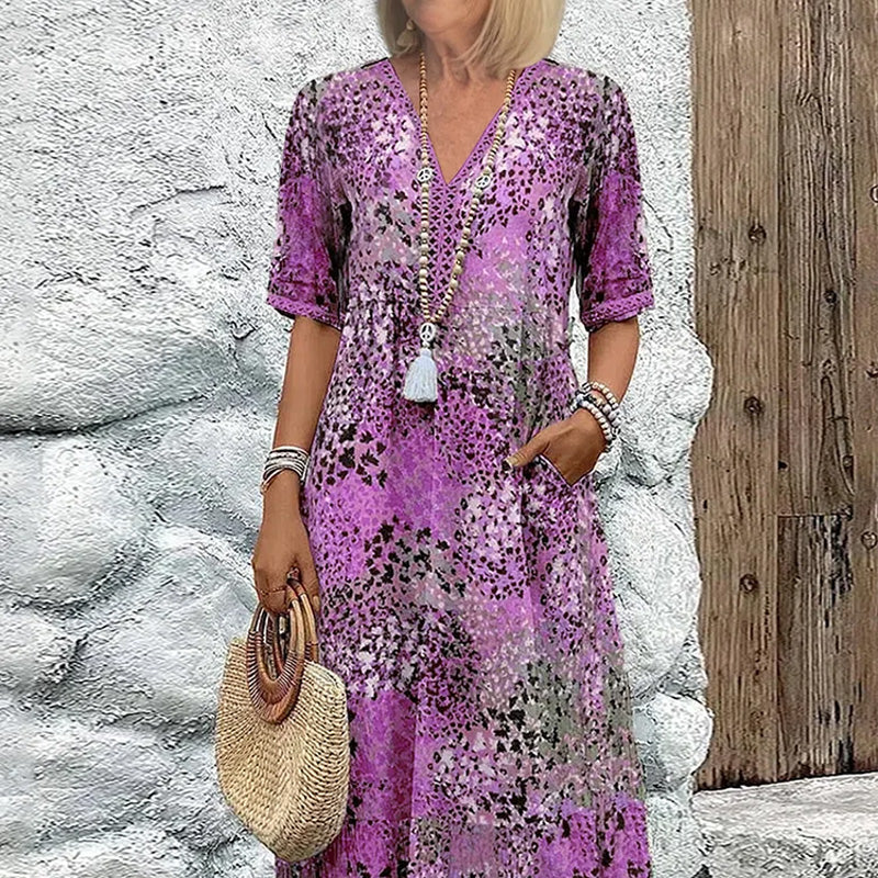 💥Női, V-nyakú, nyomott midi ruha