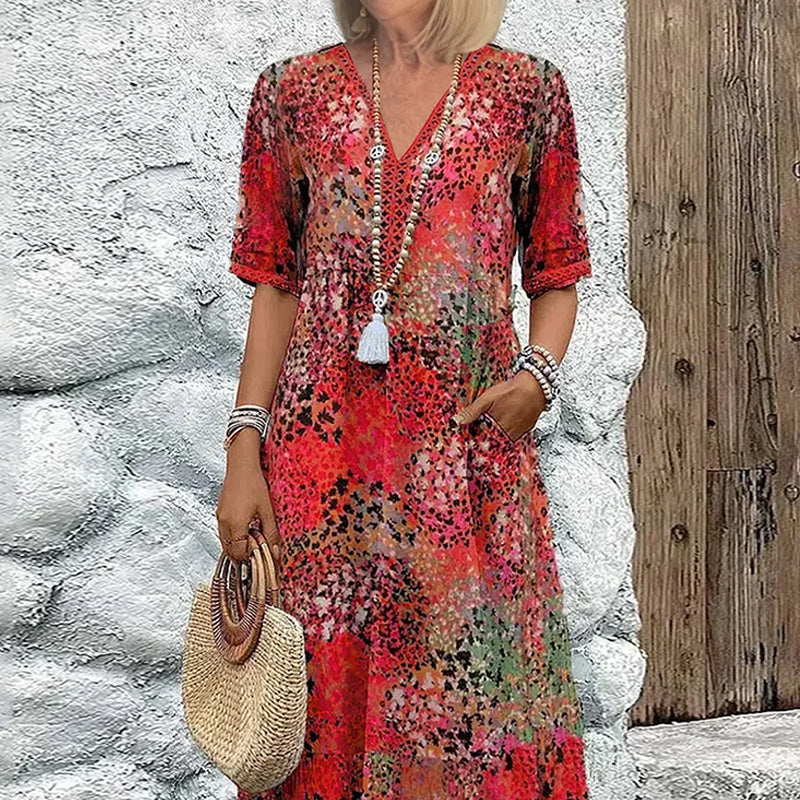 💥Női, V-nyakú, nyomott midi ruha