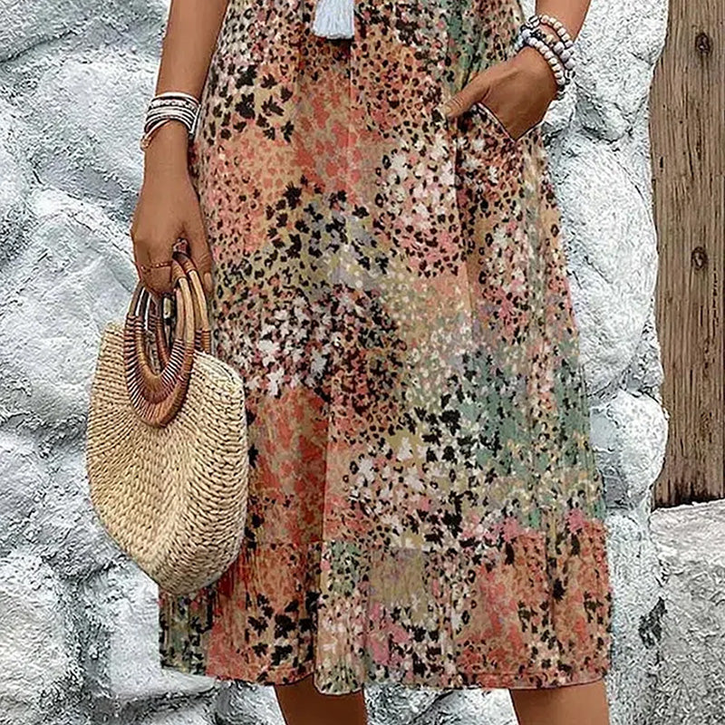 💥Női, V-nyakú, nyomott midi ruha