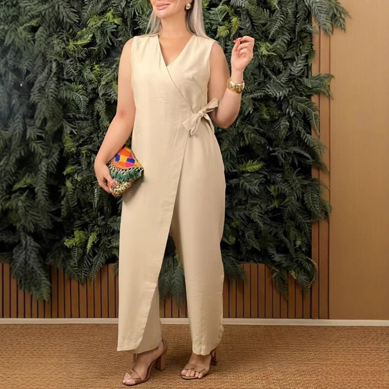 💖Női egyszínű, V-nyakú kötött jumpsuit