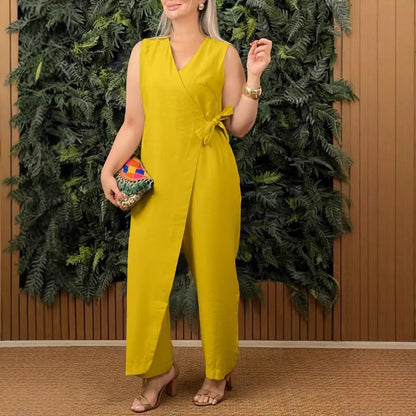 💖Női egyszínű, V-nyakú kötött jumpsuit