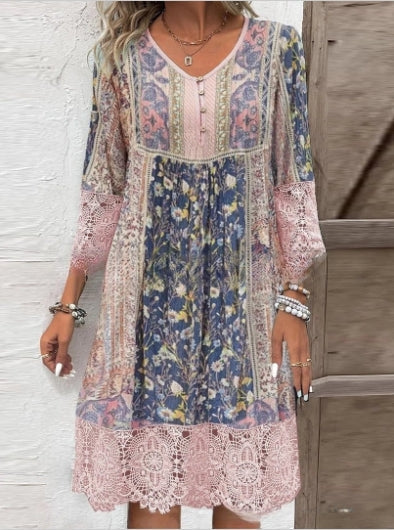 💃Vintage stílusú nyomtatott ruha csipkével