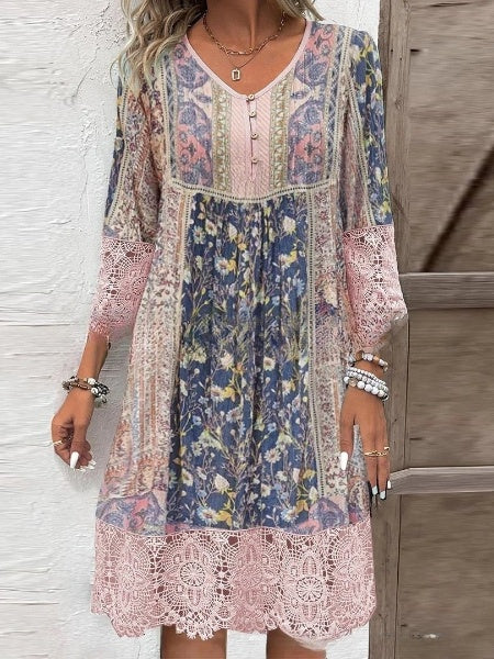 💃Vintage stílusú nyomtatott ruha csipkével