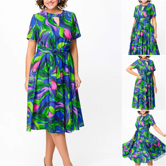 🌈Női mintás rövid ujjú midi ruha