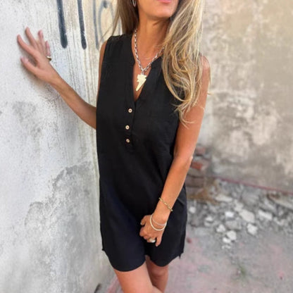 🔥Egyszínű ruha mély V-kivágással, pamutból és lenből