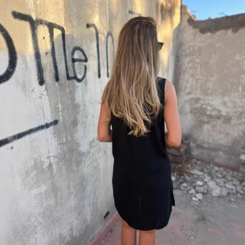 🔥Egyszínű ruha mély V-kivágással, pamutból és lenből