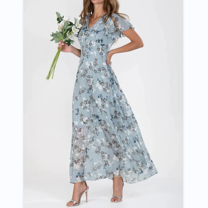 🌸 Könnyű, rövid ujjú, virágmintás maxiruha【M-3XL】