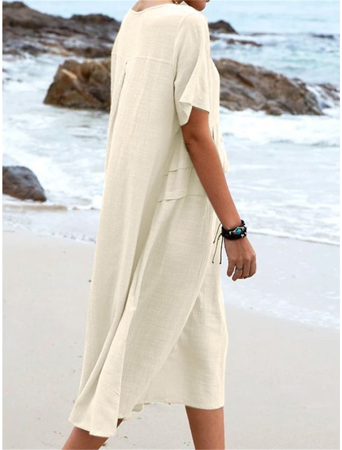 💖Pamut vászon ruha kerek nyakkivágással