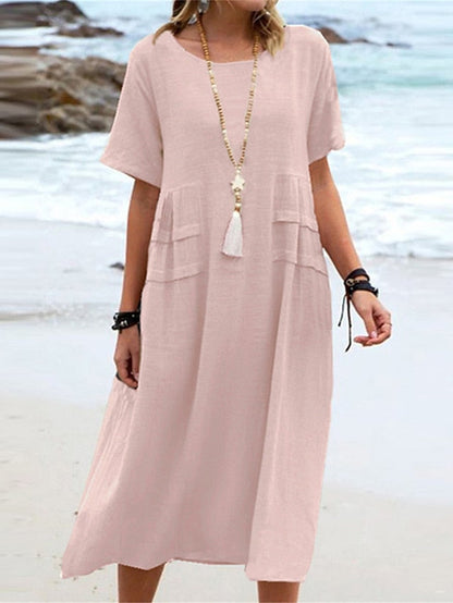 💖Pamut vászon ruha kerek nyakkivágással