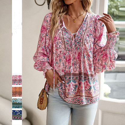 【S-2XL】🌺Női divatos, hosszú ujjú, nyomtatott V-nyakú ing