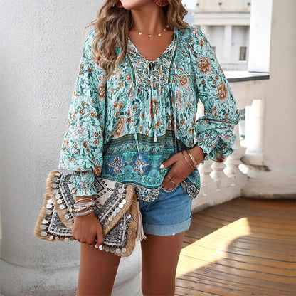 【S-2XL】🌺Női divatos, hosszú ujjú, nyomtatott V-nyakú ing