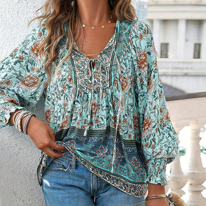 【S-2XL】🌺Női divatos, hosszú ujjú, nyomtatott V-nyakú ing