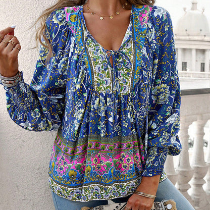 【S-2XL】🌺Női divatos, hosszú ujjú, nyomtatott V-nyakú ing