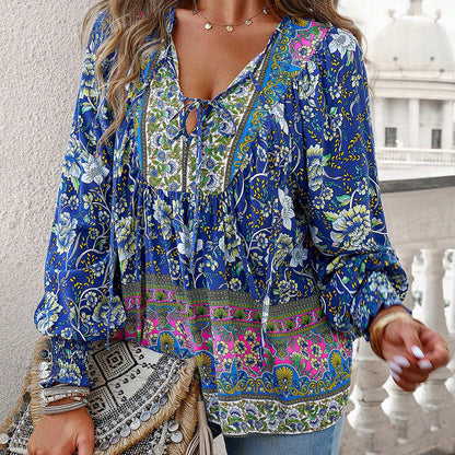 【S-2XL】🌺Női divatos, hosszú ujjú, nyomtatott V-nyakú ing