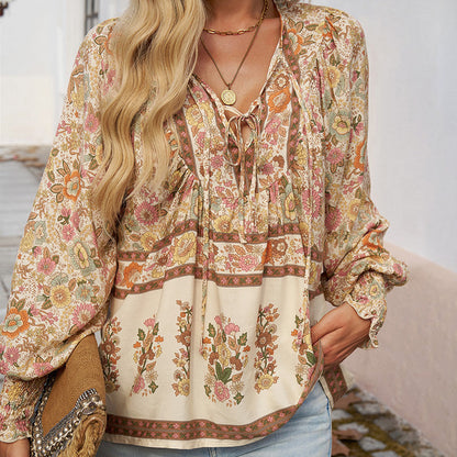 【S-2XL】🌺Női divatos, hosszú ujjú, nyomtatott V-nyakú ing