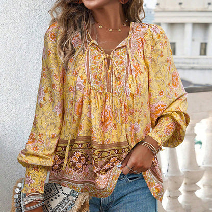 【S-2XL】🌺Női divatos, hosszú ujjú, nyomtatott V-nyakú ing