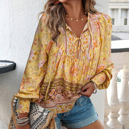 【S-2XL】🌺Női divatos, hosszú ujjú, nyomtatott V-nyakú ing